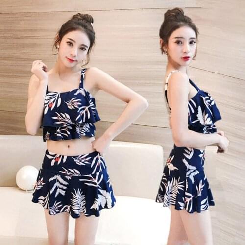 Korean 2021 Women Print Swimwear Swimdress Safety Panty High Waist Bikini Two-piece Suits Push Up Swimsuit Siamese Skirt