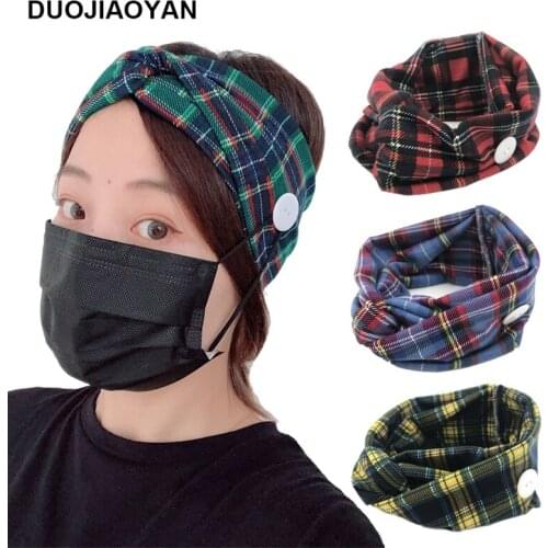 DUOJIAOYAN European and American fashion retro lattice Headband width side cross hair band button mask fixed hairband female