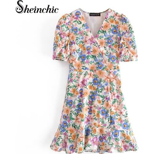 Summer Womens V Neck Flower Printed Dress Casual Short Sleeve Mini Dress Female Boho Leisure A Line Party Vestidos 2021