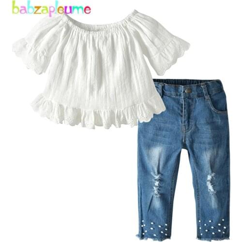 2Piece Summer Fashion Baby Girls Clothes Short Sleeve White T-shirt+Toddler Jeans Kids Denim Pants Children Clothing Sets 1894-1