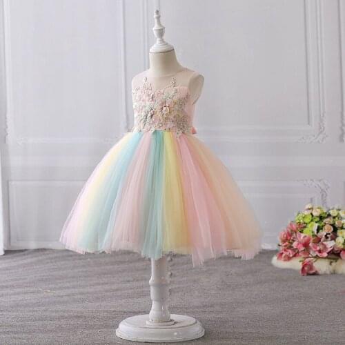 5345 Rainbow Mesh Embroidery Princess Baby Girls Dresses Wedding Party Kids Dresses For Girls Summer Wholesale baby girl clothes