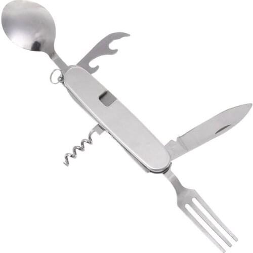 6 in 1 Outdoor Camping Tableware Folding Knife Fork Spoon Bottle Opener EDC Tool