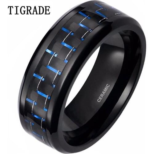 Men Black 8mm Ceramic Ring Blue Carbon Fiber Inlay Wedding Band Engagement Jewelry Cool Rings For Male bague homme bijoux