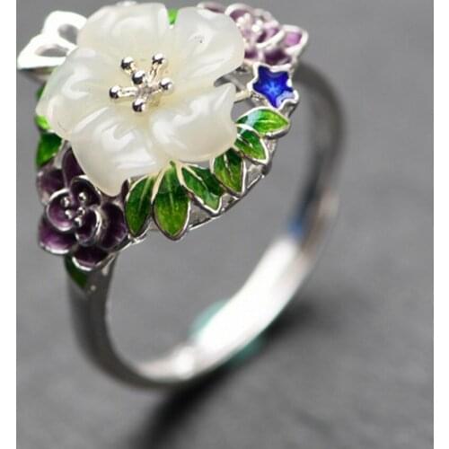 BOCAI New Real S925 pure silver cloisonne enamel rose flower ring for Woman literary temperament natural jade open woman ring