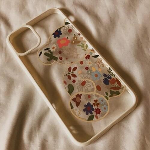 Fashion Floral Pattern Bear Transparent Case for iPhone 12 Pro Max Back Phone Cover for 12 11 Pro Max X XS XR 8 7 Plus SE 2020