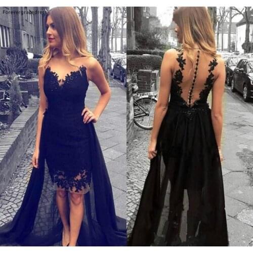 2020 Black Sheer Back Evening Dress A Line High Low Formal Party Gown Plus Size Custom Made