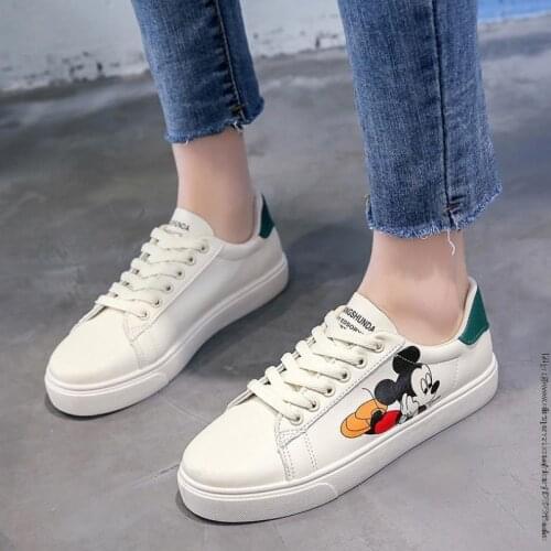 Disney Mickey white shoes ladies Autumn new wild lace-up flat casual womens shoes fashion graffiti student single shoes sneaker