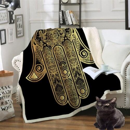 Hamsa Hand Printing Throw Blanket on the Bed Vintage Boho Sherpa Fleece Blanket Velvet Plush Sofa India Buddhish Bedding