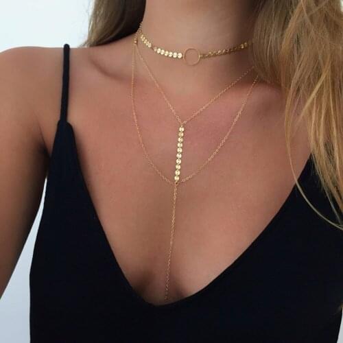 Fashion Sequins Lariat Y Necklace Chokers Three Layers Gold Color/Silver Color Disk Coin Choker Set Best Gift for Women