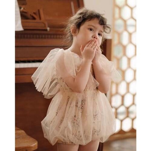 Babys Princess Romper Stretch Pleated Mesh One Piece Bodysuit Newborn Rompers Kid Girls Floral Birthday Party Jumpsuits 0-4T