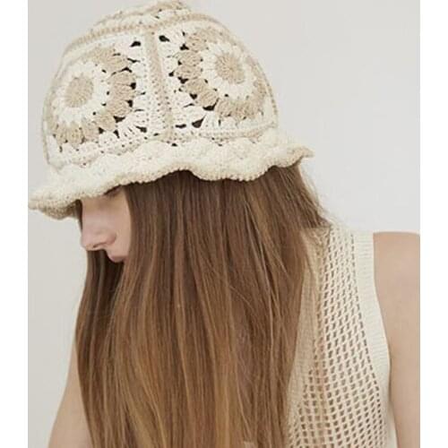 New Fashion Woman Vintage Flower Beach Style Boho Hand Made Crochet Bucket Hat