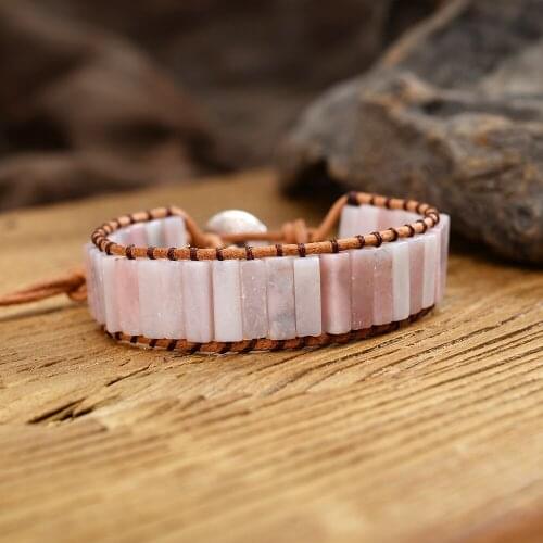 New Bohemia Bracelet Pink Opal Stone Single Vintage Leather Wrap Bracelet Beaded Cuff Bracelet Drop Shipping