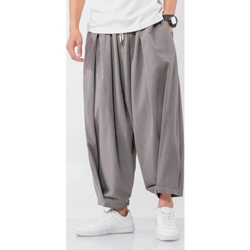Plus Size Men Wide Leg Pants Japanese Style Casual Cotton Linen Kimono Trousers Man Loose Jogger Pants Chinese Baggy Pants 30989