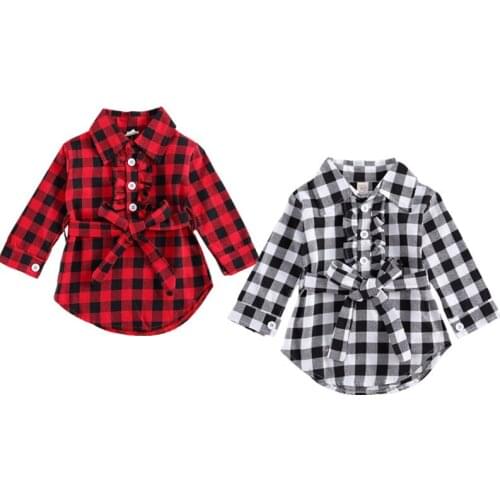 1-5Y Toddler Kids Baby Girls Christmas Dress Ruffles Plaid Print Long Sleeve Button Shirts Dress with Belt Children Xmas Clothes