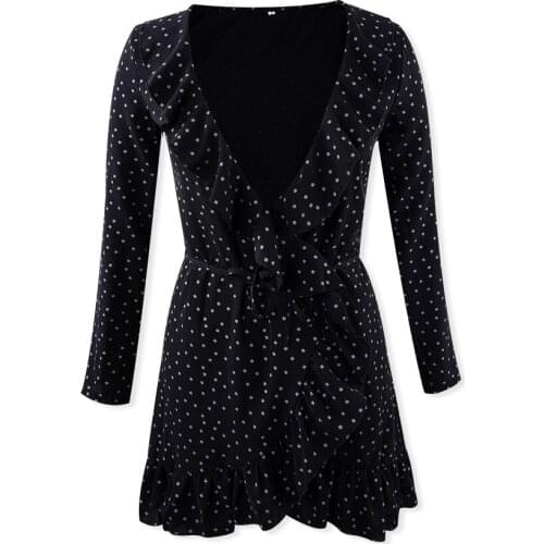 Sexy Ruffles Dot Print V-neck Streetwear Casual Dress Women Clothes OL Black Long Sleeve Lacing Chiffon Female Vestidos