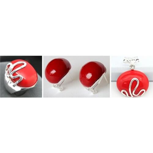 Perfect matched Red Carved Lacquer Marcasite 925 Sterling Silver Ring(#7-10) Earrings & Pandent jewelry sets