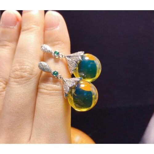 Earings fashion jewelry bijou boucle d'oreille Mexican blue amber Dangle earring Really natural s925 sterling silver jewelry