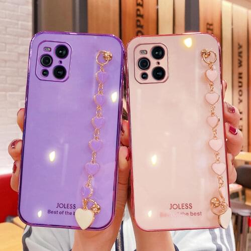 Wrist Chain Love Heart Phone Case For Oppo Find X3 Neo Luxury Camera Protective Cover For Oppo Find X3 Pro Lite Neo Case Silicon