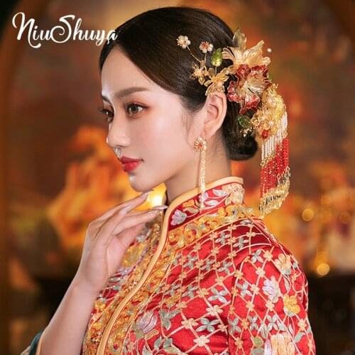 NiuShuya Chinese Traditional Bride Hair Jewelry Headdress Ornaments for Women Flower Hairpin with Earring Wedding Accessories