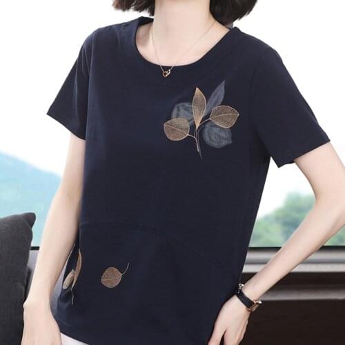 Soft Cotton Tee Shirt Woman Embroidery T-Shirts Women Summer Tops Casual Loose O-Neck Korean Clothes Short Sleeve T-shirt Femme