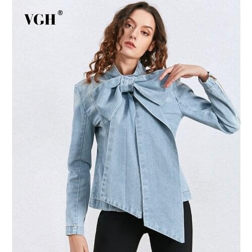 VGH Elegant Bowknot Jacket Shirt For Women Stand Collar Long Sleeve Patchwork Zipper Slim Casual Jackets Female Fashion New Tide