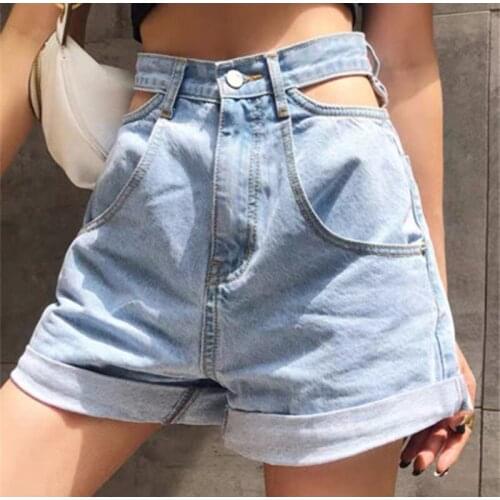 2021 Summer High Waist Denim Shorts Womens Jeans Hollow Korean High Waist Wide Leg Shorts Women Streetwear Bottoms Girls