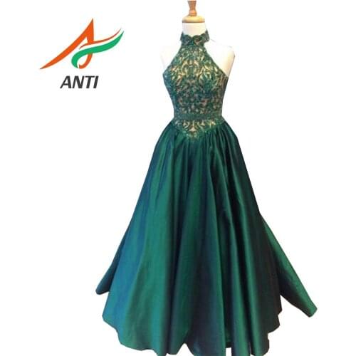 ANTI Halter Empire Backless Long Prom Dresses Dark Green Lace Applique A Line Gowns 2019 vestidos de gala For Plus Size Women
