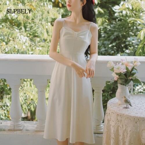 SLPBELY Women Solid Sling Dress Casual 2021 Summer Korean Sleeveless Strap Vestidos Chic Dress Sling White Green Party Dresses