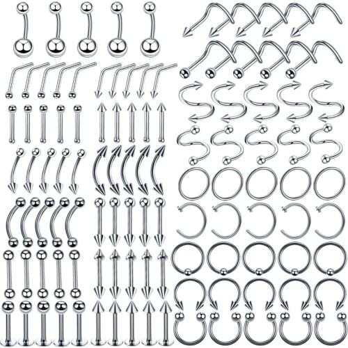 110Pcs Multiple Piercing Set Eyebrow Bar Lip Nose Piercings Helix Ear Piercing Ring for Women Men Stainless Steel Body Jewelry