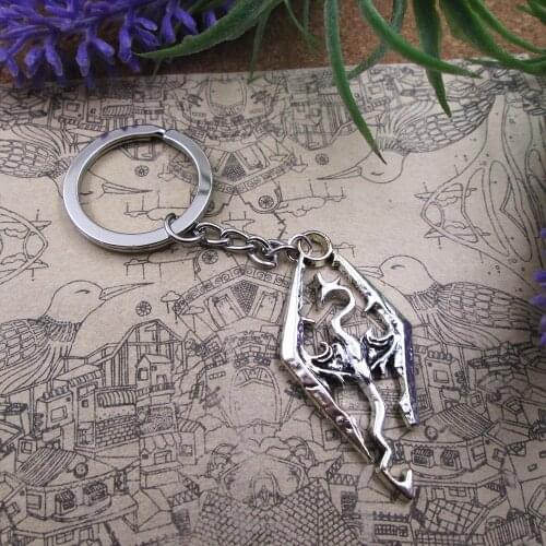3pcs/Lot Fashion 24*49mm Skyrim Elder Scrolls pendant 28mm Keyring Metal Chain Silver Color Men Car Gift Keychain