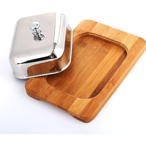 Realand Eco friendly Stainless Steel Butter Dish Box Container Cheese Server Storage Keeper Bamboo Tray with mirror finish Lid