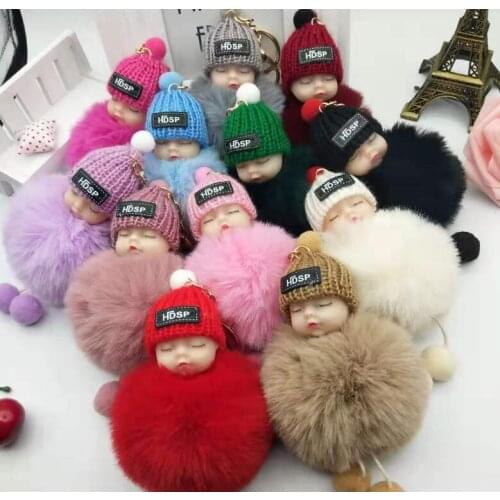 Popular style sleeping baby hair ball key chain Adorable plush doll key chain lady bag pendant car pendant
