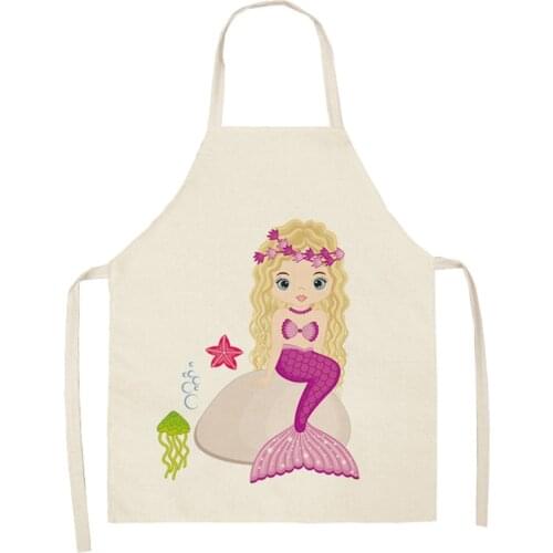 Kid apron Kawaii Girl Mermaid Printed Sleeveless Aprons Kitchen Women Cotton Linen Pinafore Home Cooking Baking Waist Bib 47x38