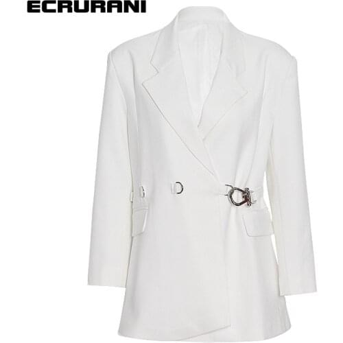 ECRURANI White Elegant Jackets For Women Lapel Long Sleeve Lace Up Loose Solid Vintage Coats Female Fashion Clothing 2021 Style