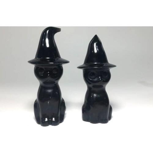 Hot Sell High Quality Crystal Hand Carved Black Obsidian Witch Cat For Halloween Gift YHM