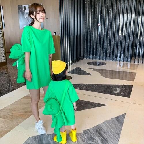 Summer Family Dress Summer Short Sleeve Mother Daughter Dresses Green Cotton Mum Baby Tee Clothes Women & Girls Outfits Vestidos