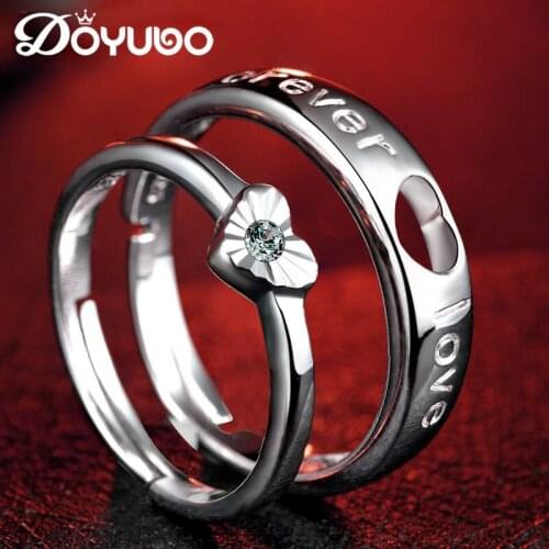 LIAMTING Trendy Lovers' Real Sterling Silver Heart Shape Rings With White CZ Adjustable Pure Silver Couples Rings Jewelry VB055