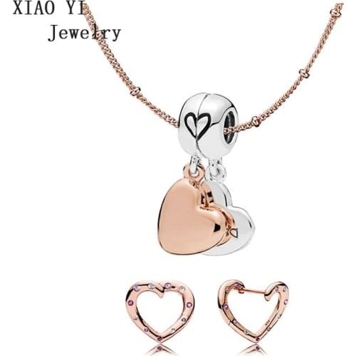 XIAOYI 2020 New 100% S925 Souvenirs Classic popular double pendant heart stud necklace party fashion jewelry Suitable female