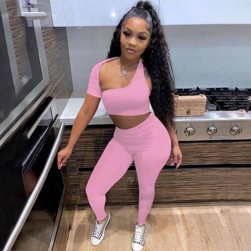 Solid Activewear Fitness 2 Pieces Tracksuits Summer Athleisure Outfit Backless Asymmetrical Neck Top and Elastic Waist Pants