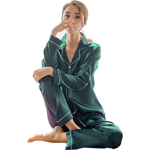 Fat Mm Oversized Home Wear Sexy Two Piece Set New Summer Autumn Long Sleeve Imitation Silk Pajamas Women Set Female Pyjamas