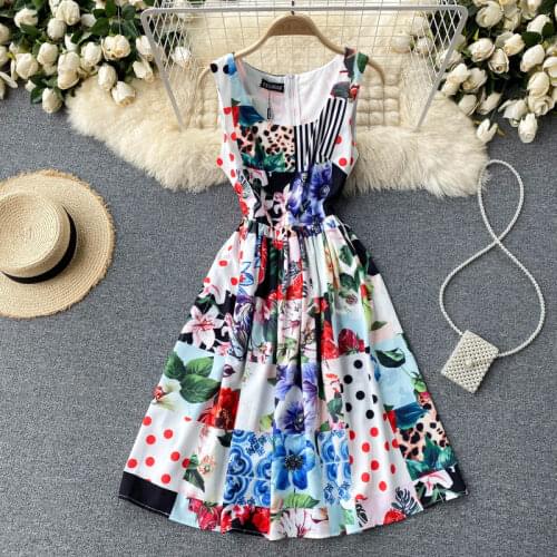 Dress Summer New Design Sense Niche Color Matching Printing Temperament Round Neck Slim Sleeveless Vest Skirt