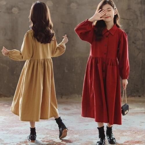 10 12 years Girls Long Sleeve Retro Shirt Dress Button Prockets Teen Girls Dresses Spring Autumn Muslim Girls Clothes