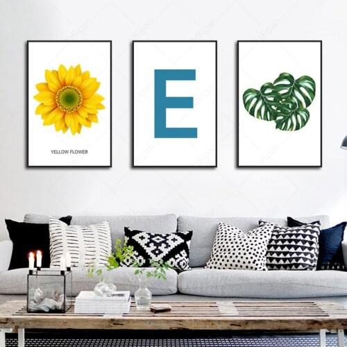 Sunflower Monstera Leaves Ocean Lighthouse Letter E Combination Canvas Painting Wall Art Pictures for Home Interior Decor Poster