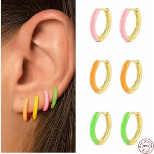 Aide 925 Sterling Silver Candy Color Half Enamel Hoop Earrings Summer Bright Color Pink Green Yellow Drop Oil Huggie Earrings