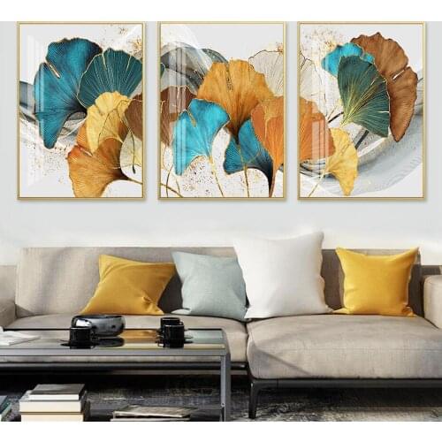 Modern Gold Blue Yellow Leaves Plant Abstract Nordic Wall Art Canvas Painting Posters Print Pictures Living Room Home Decoration