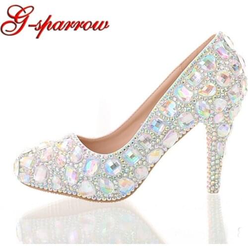 Colorful Crystal Wedding Bridal Shoes Round Toe Super High Heel Rhinestone Performance Shoes AB Crystal Grauation Ceremony Pumps