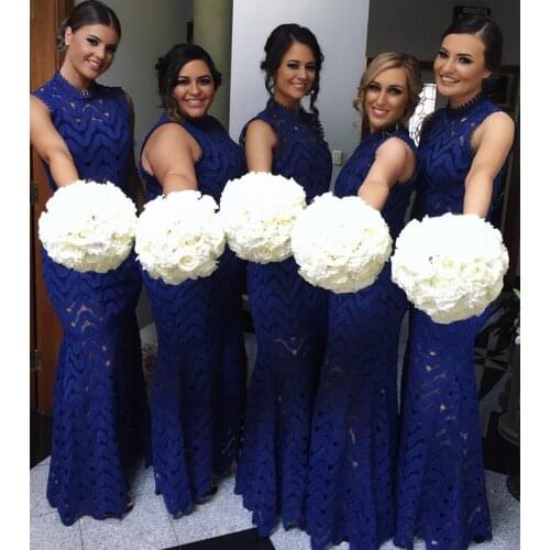 Navy Blue Bridesmaid Dress Mermaid High Neck Sleeveless Lace Appliques Gorgeous Floor Length Wedding Party Gowns Custom Made