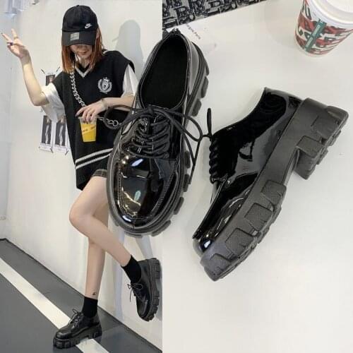 Solid Black Leather Oxford Shoes Woman New Autumn Women Shoes Lace Up High Heels Thick Bottom Platform Loafers Casual Shoes