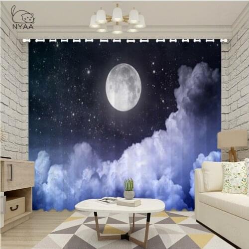 Night Sky Curtains Full Moon and Foggy Clouds with Turquoise Glass Like Sea Ocean Print Living Room Bedroom Window Curtain Blue