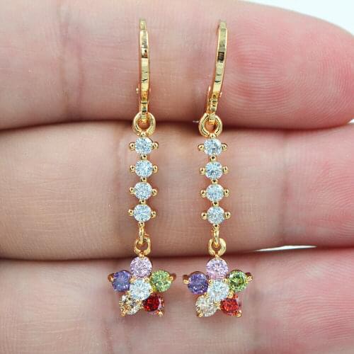 Gold Color Fashion Multicolor Zirconia CZ Flower Long Dangle Earrings for Women